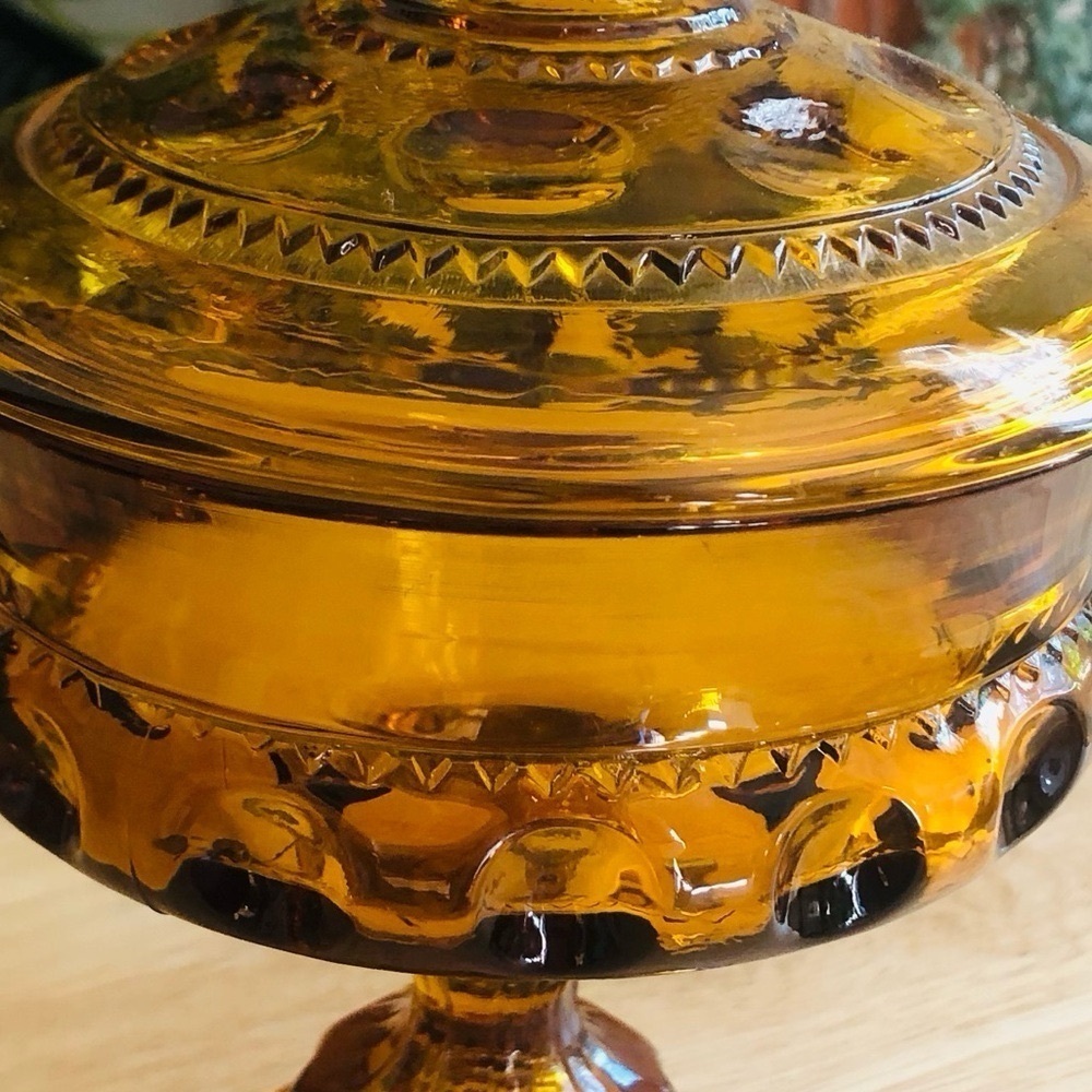 Indiana Glass King’s Crown Golden Amber Compote Thumbprint Pedestal Dish Vintage - Picture 3 of 11